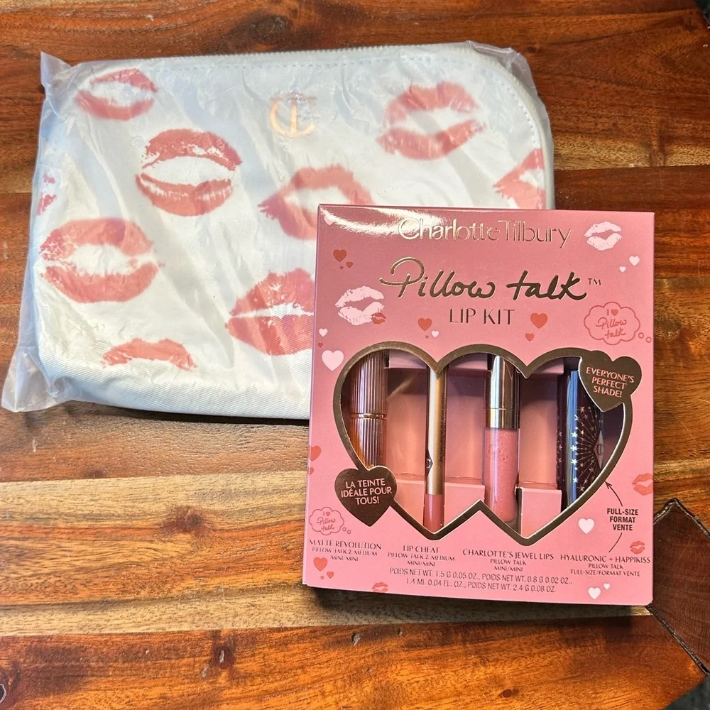 Charlotte Tilbury Pink & White Makeup Bag & Pink Pillow Talk Wardrobe Lip Set